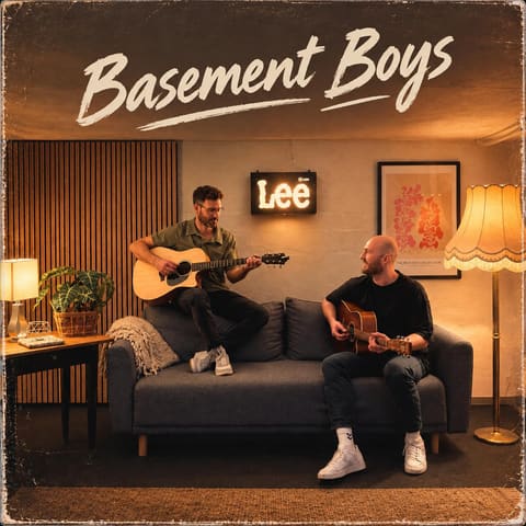 Tom und Jochen mit Gitarren auf dem Sofa im Keller.
