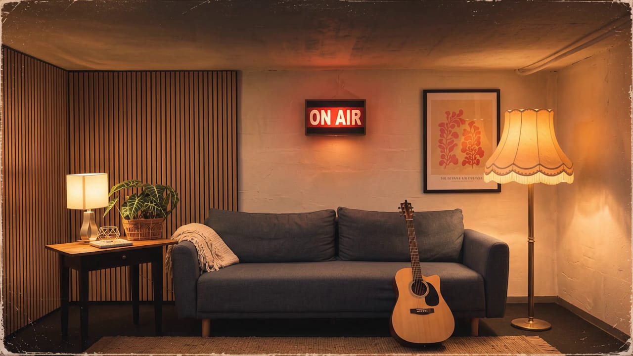 Der Keller der Basement Boys: Sofa, Akustikgitarre, Stehlampe mit Fransen und ein leuchtendes On-Air-Schild.